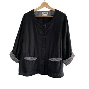 FLAX Linen Jacket Black Lagenlook Stripes Size M